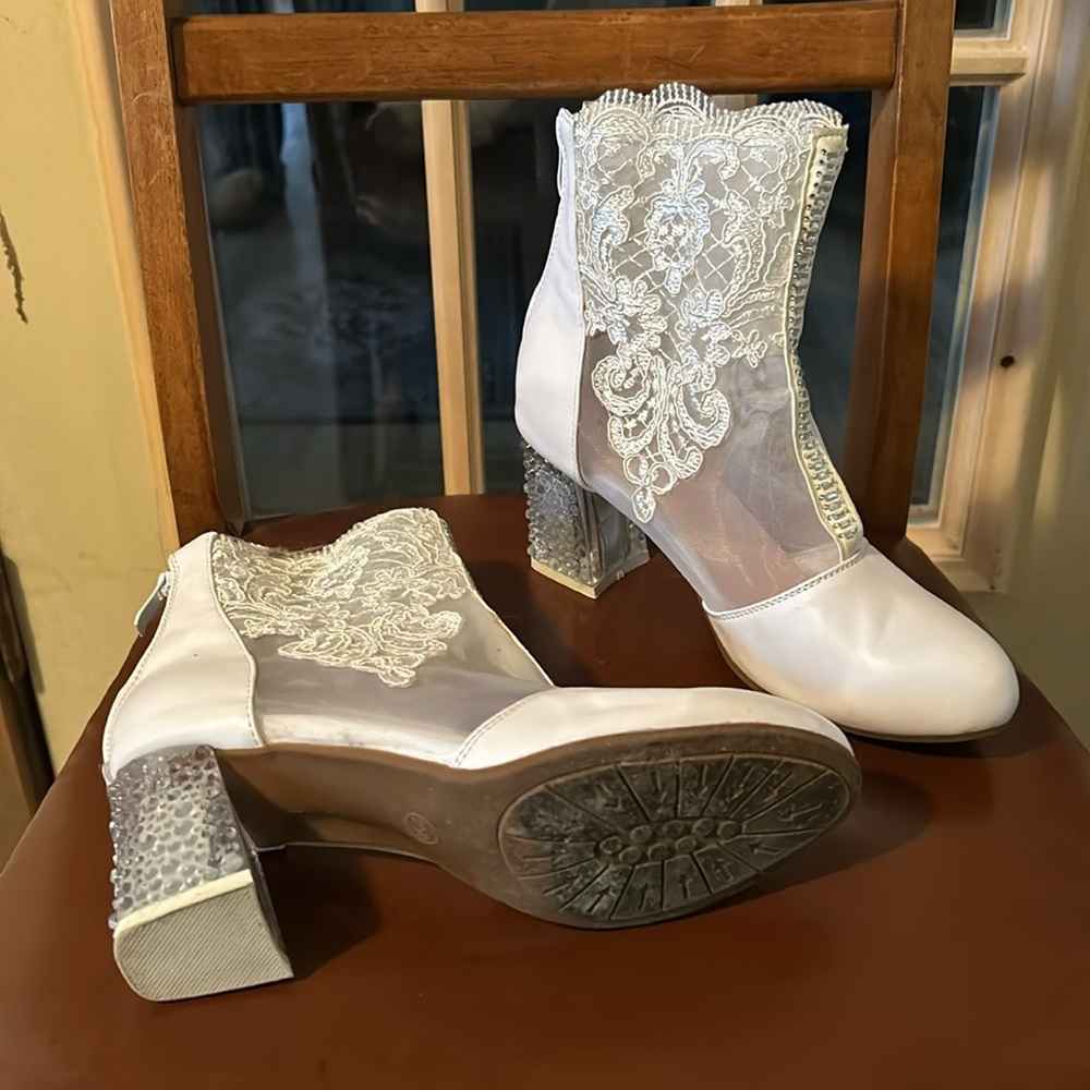 Lacy high heeled dress boots clear heels zipper back rhinestone worn onc…
